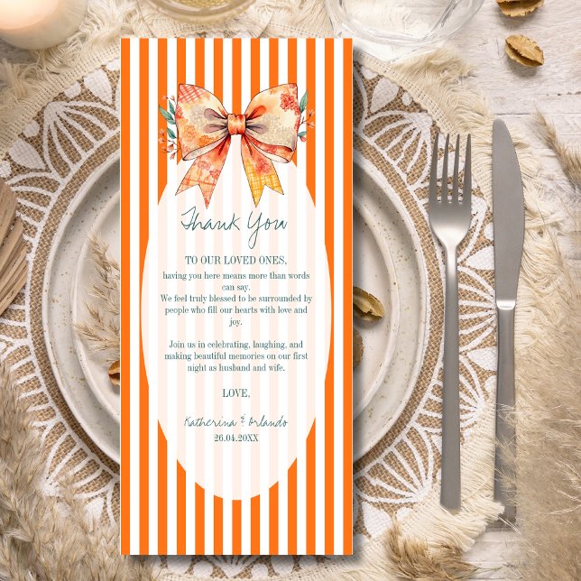 Bow Striped Wedding Place Setting Thank You Card (Creator Uploaded)