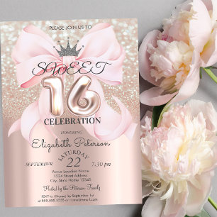 Bow,Tiara,Rose Gold Sweet 16 Glitter Bokeh Invitation