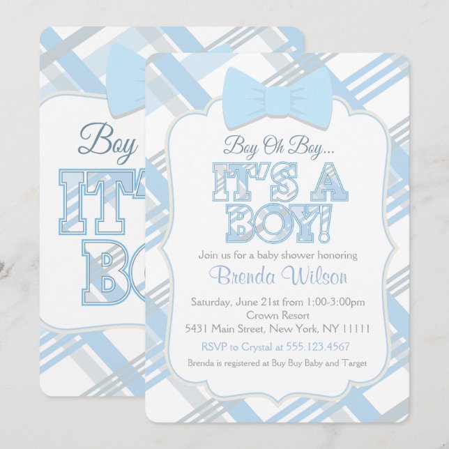 Bow-Tie and Blue Plaid Baby Shower Invitation (Front/Back)