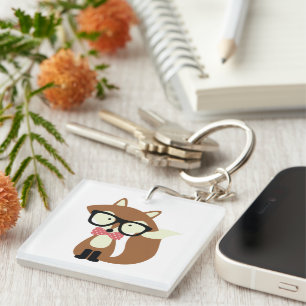 Bow Tie and Glasses Hipster Brown Fox Key Ring