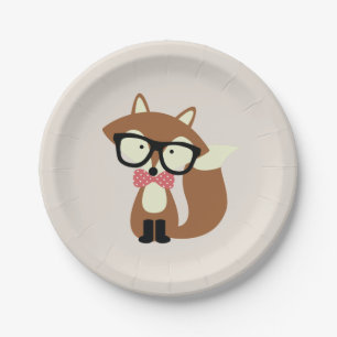 Bow Tie and Glasses Hipster Brown Fox Paper Plate