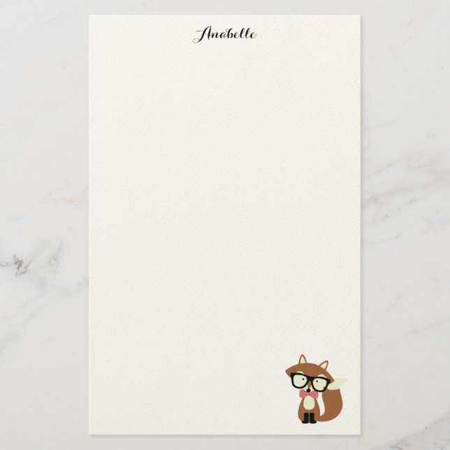 Bow Tie and Glasses Hipster Brown Fox Personalised Stationery (Front)