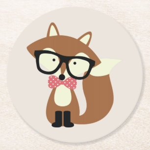 Bow Tie and Glasses Hipster Brown Fox Round Paper Coaster