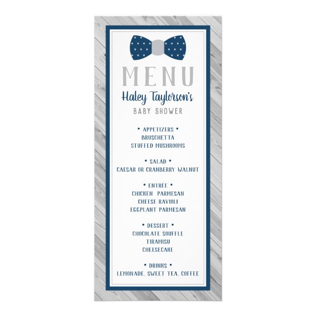 Bow Tie Baby Shower Menu Card, Blue and Grey (Front)