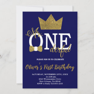 Bow Tie, Navy & Gold Little Man, Mr Onederful Bday Invitation