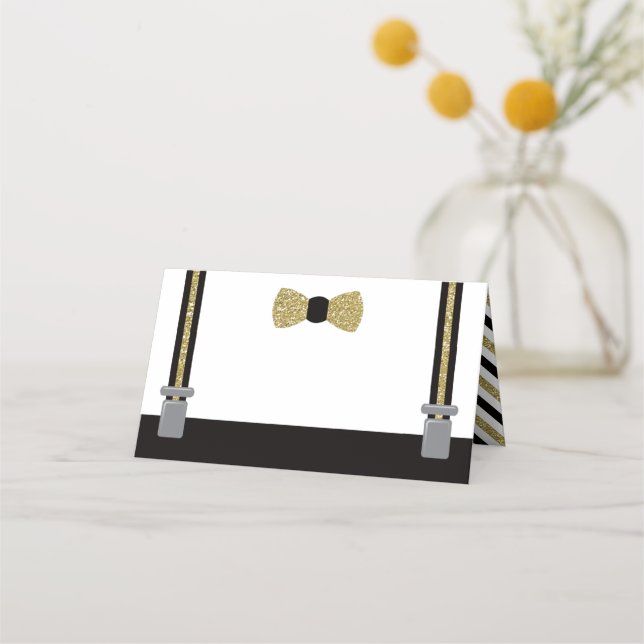 Bow Tie Place Cards, Food Cards, Black, Faux Gold Card (Front)