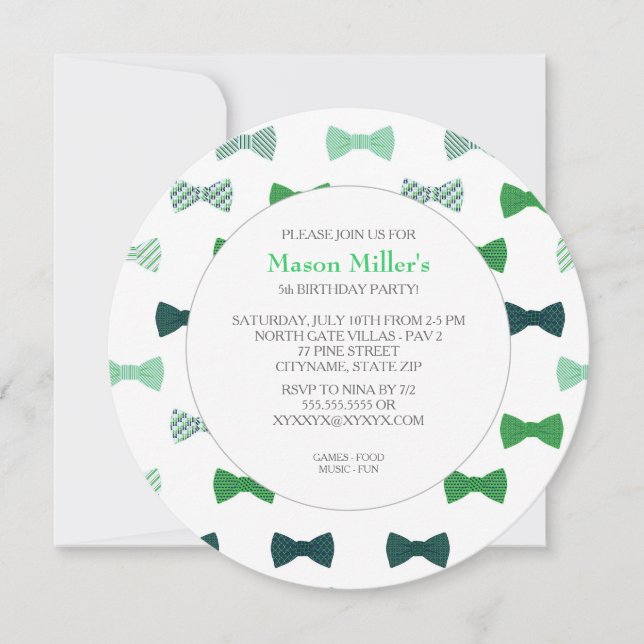 BOW TIE Round BOY BIRTHDAY PARTY INVITE (Front)