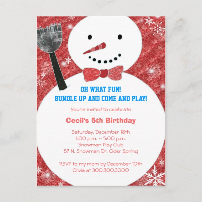 Bow tie Snowman Kids Winter Birthday Party Invitation Postcard (Front)