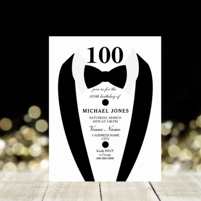 Bow Tie Tuxedo Mens 100th Birthday Party Invite (Creator Uploaded)