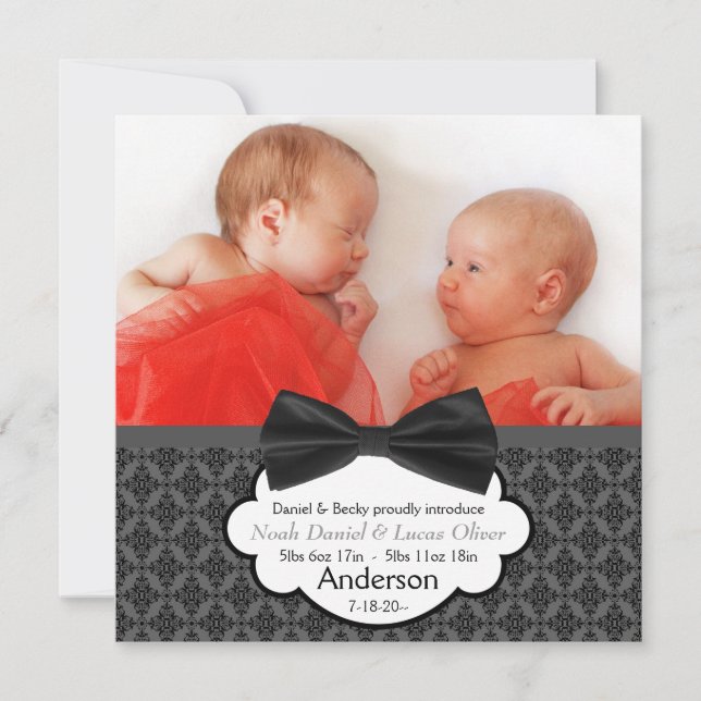 Bow Tie Twin Baby Boy Photo Birth Announcement (Front)