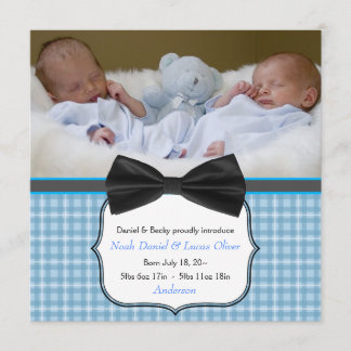 Bow Tie Twin Baby Boy Photo Birth Announcement
