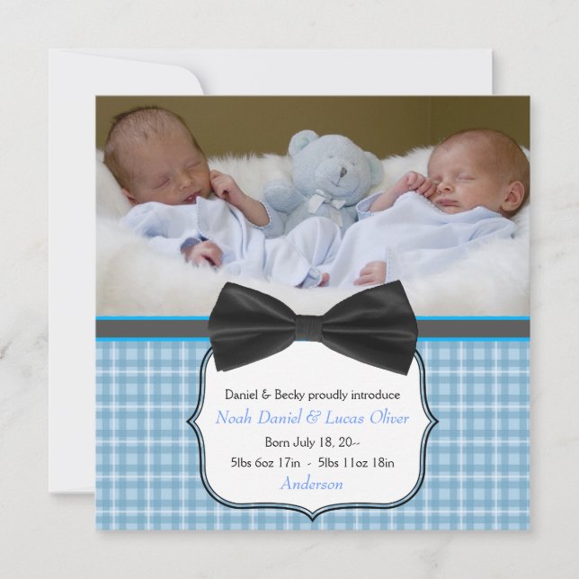 Bow Tie Twin Baby Boy Photo Birth Announcement (Front)