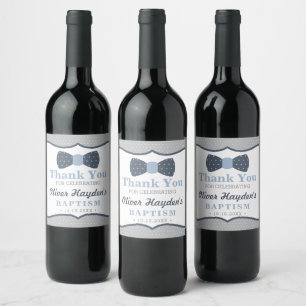 Bow Tie Wine Bottle Label in Blue and Grey