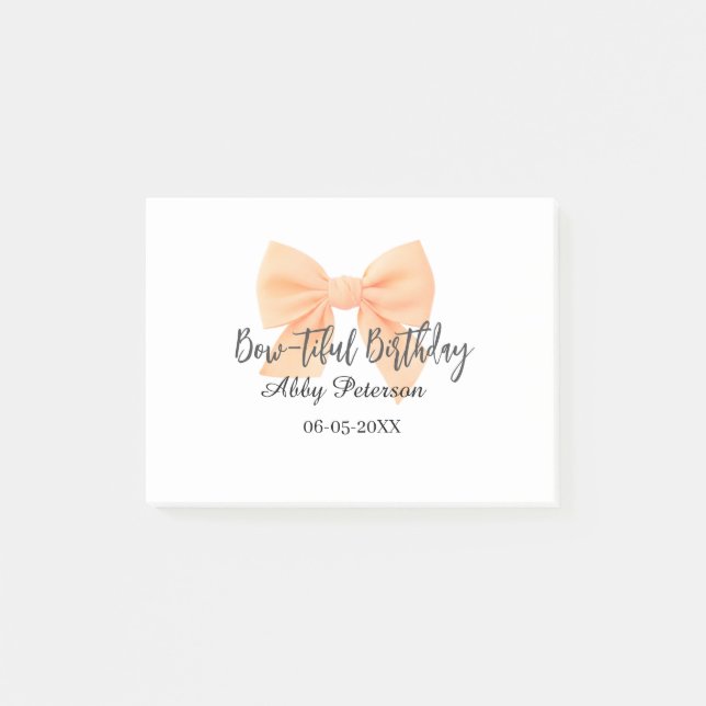 Bow-tiful birthday orange bow name date simple pas post-it notes (Front)
