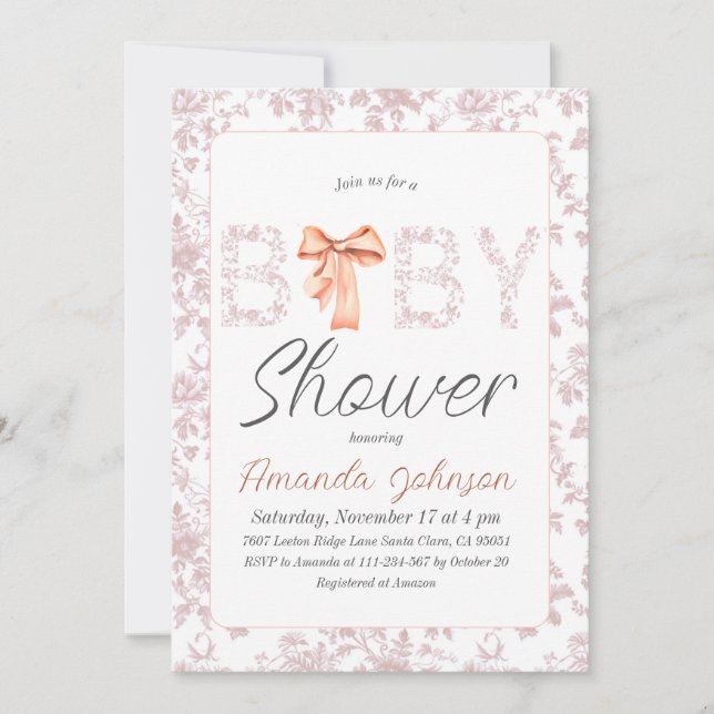 Bow Toile de Jouy Blush Pink Floral Baby Shower Invitation (Front)