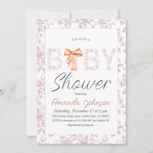 Bow Toile de Jouy Blush Pink Floral Baby Shower Invitation