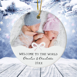 Bow Twins Custom Photo Baby Announcement Christmas Ceramic Tree Decoration