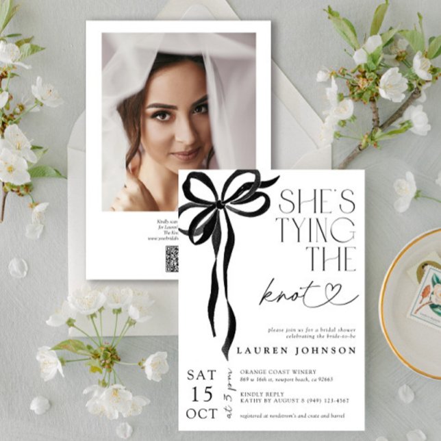 Bow Tying the Knot QR Photo Bridal Shower Invitation (Creator Uploaded)