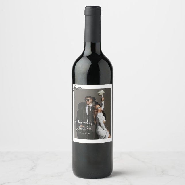 Bow Vintage Script Custom Photo Wedding Wine Label (Front)