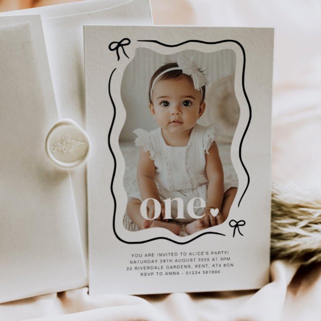 Bow Wavy Border Photo 1st Birthday Invitation (Creator Uploaded)