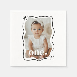Bow Wavy Border Photo 1st Birthday Napkin