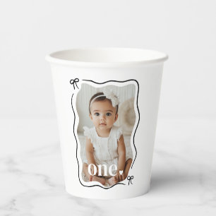 Bow Wavy Border Photo 1st Birthday Paper Cups