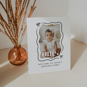 Bow Wavy Border Photo 1st Birthday Welcome Sign