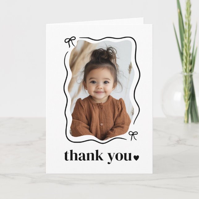 Bow Wavy Border Photo Birthday Thank You Card (Front)