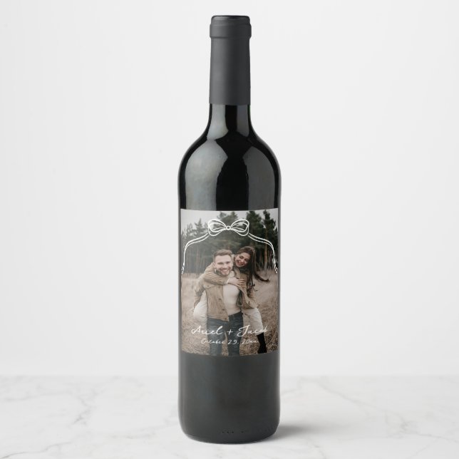 Bow Wedding Photo Wine Label (Front)