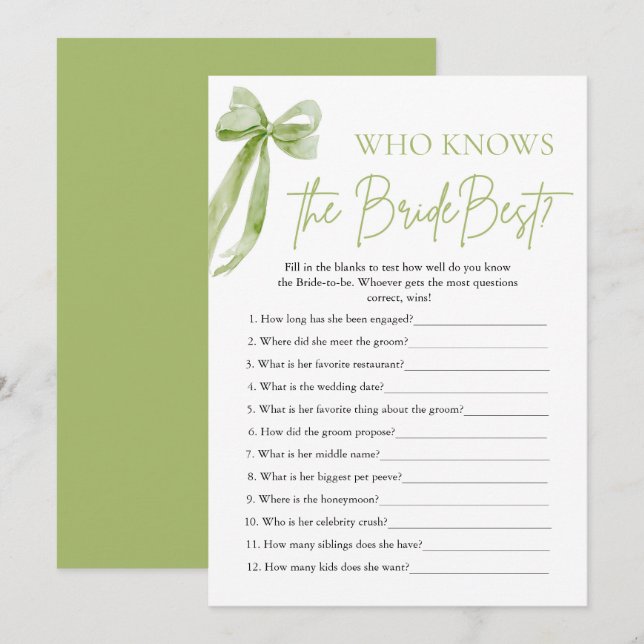 Bow Who Knows The Bride Best Bridal Shower Game Invitation (Front/Back)