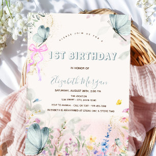 Bow Wildflowers Blue Butterflies  1st Birthday Invitation