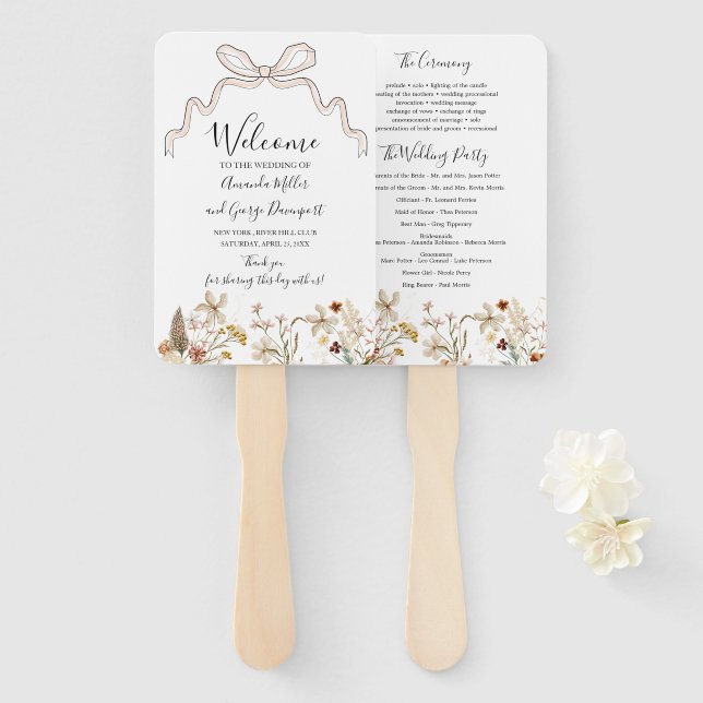 Bow Wildflowers wedding program fan (Front and Back)