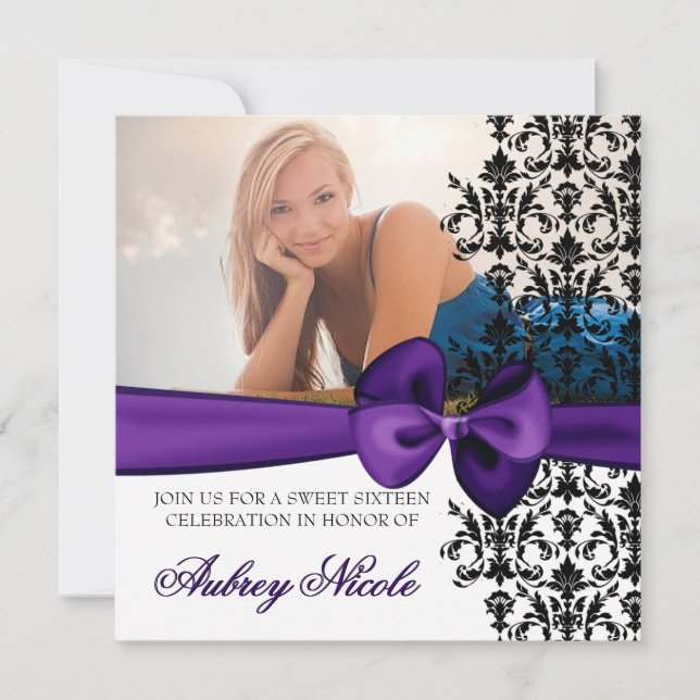 Bowed Damask Accented Invite [Purple] (Front)