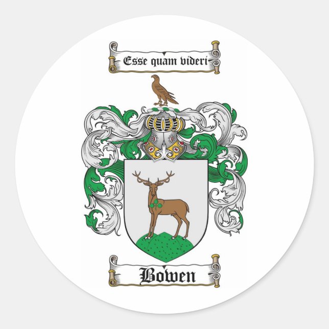 BOWEN FAMILY CREST -  BOWEN COAT OF ARMS CLASSIC ROUND STICKER (Front)