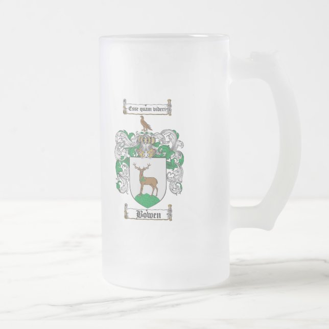 BOWEN FAMILY CREST -  BOWEN COAT OF ARMS FROSTED GLASS BEER MUG (Right)