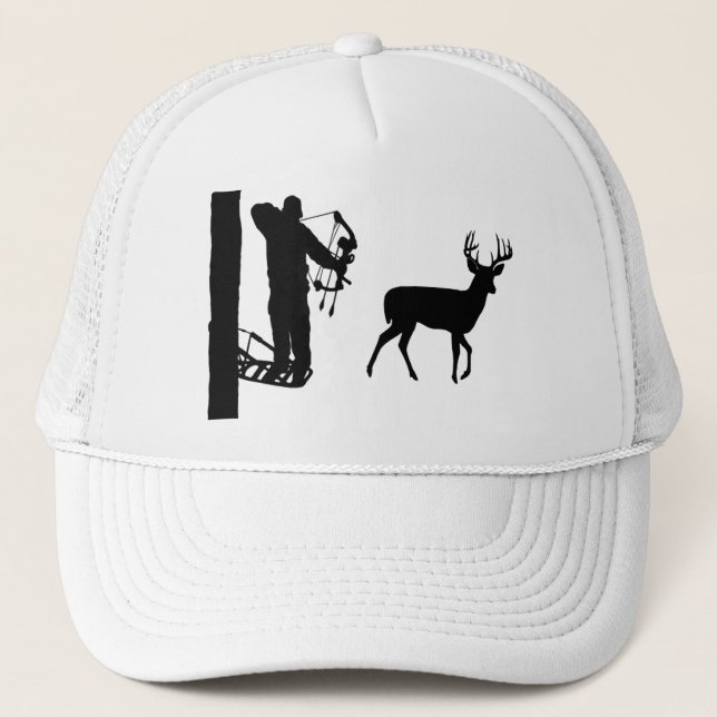 Bowhunter in Treestand Shooting Deer Trucker Hat (Front)