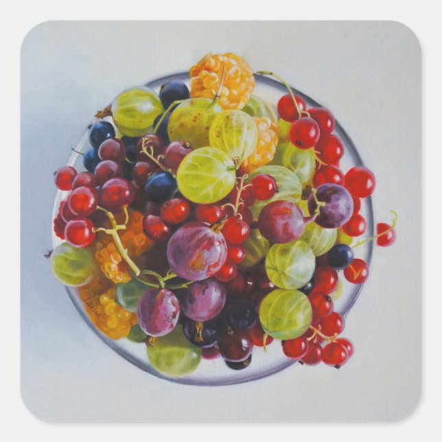 Bowl of Berries – Hyperrealistic Fruit Still Life Square Sticker (Front)