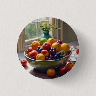 Bowl of fruit on table classical oil painting 3 cm round badge