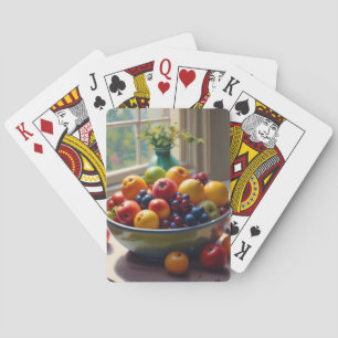Bowl of fruit on table classical oil painting playing cards