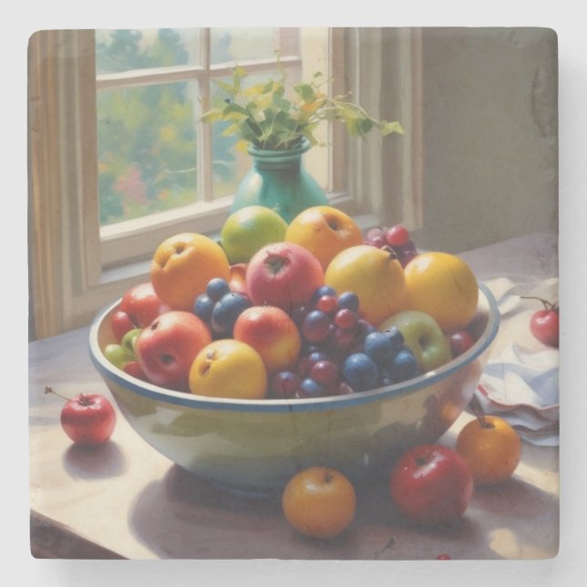 Bowl of fruit on table classical oil painting stone coaster (Front)