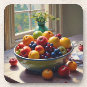 Bowl of fruit sitting on a table oil painting coaster