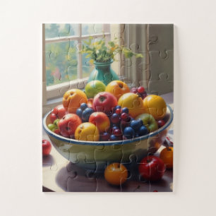 Bowl of fruit sitting on a table oil painting jigsaw puzzle