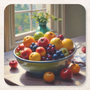 Bowl of fruit sitting on a table oil painting square paper coaster