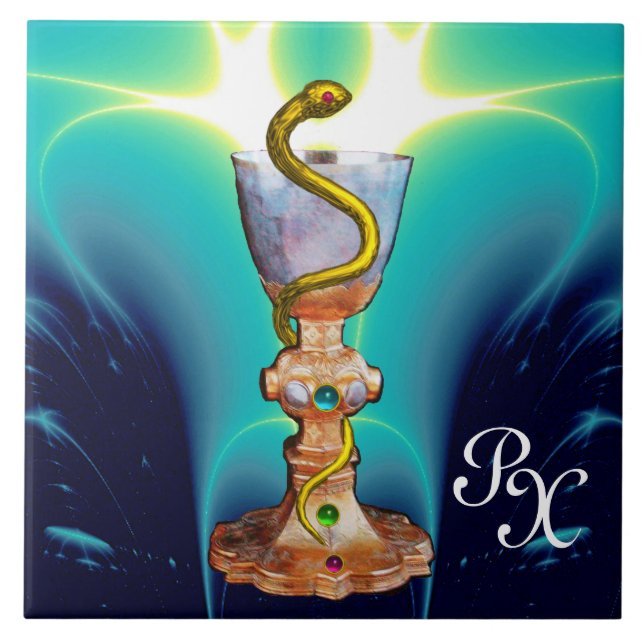 BOWL OF HYGEIA MONOGRAM Medicine, Pharmacy Blue Tile (Front)