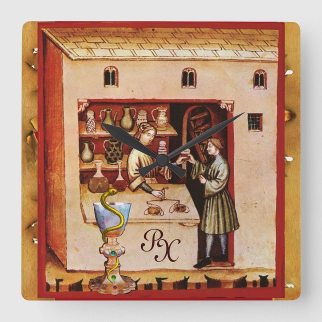 BOWL OF HYGEIA  MONOGRAM Medicine, Pharmacy Square Wall Clock (Front)