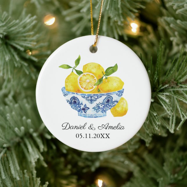 Bowl Of Lemons Chinoiserie Custom Wedding Keepsake Ceramic Tree Decoration (Tree)