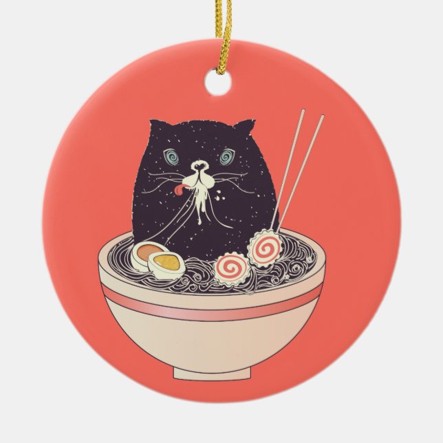Bowl of ramen and black cat ceramic tree decoration (Front)