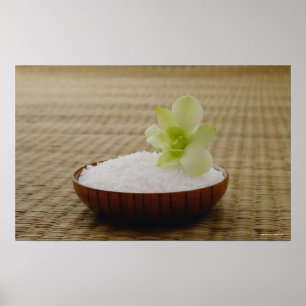 Bowl of rice with a flower on a tatami mat poster