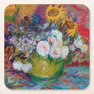 Bowl with Flowers, Van Gogh Square Paper Coaster