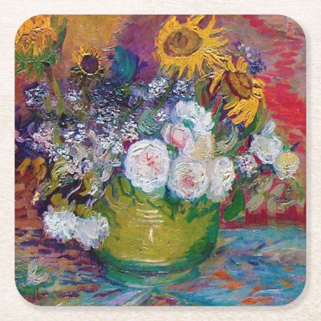 Bowl with Flowers, Van Gogh Square Paper Coaster (Front)